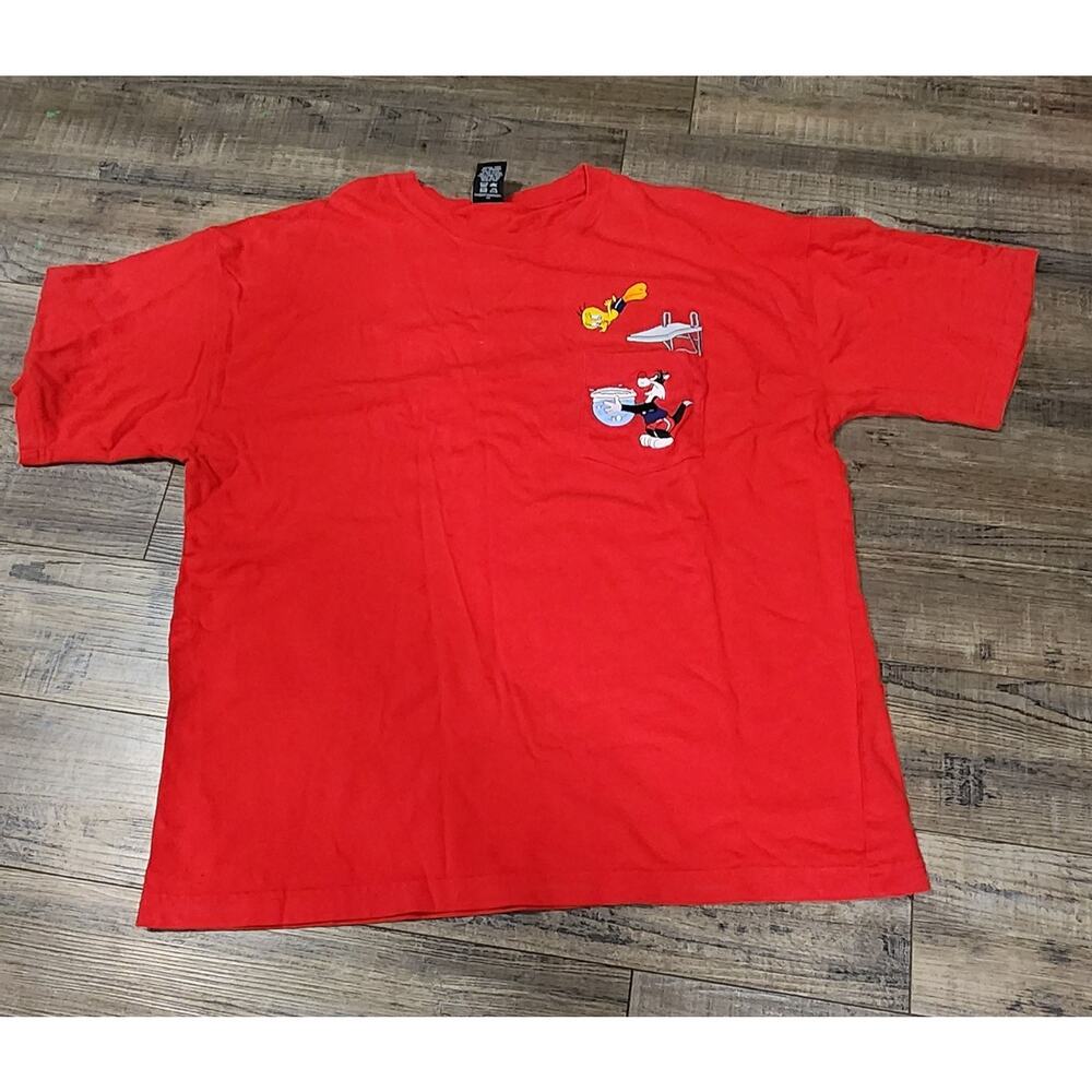 Vtg Sylvester Tweety Bird Pocket TShirt Sz L Warner Bros Embroidered. 2165